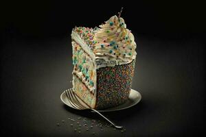 Realistic Slice Of Colorful Sprinkles Birthday Cake. 3D Render. photo