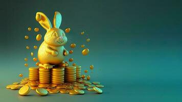 3D Render Of Cute Golden Rabbit or Bunny Character Standing On Gold Coins Stack Against Shiny Teal Background. photo
