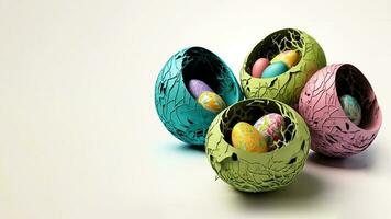 Colorful Paper Mache Easter Eggs Bowl OR Bird Nest Set For Easter Day Concept. 3D Render. photo