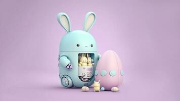 3d Render of Robotic Rabbit Characters With Eggs On Pink Background. photo