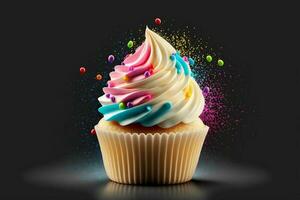 Realistic Multicolor Cupcake With Sparkles Effect. 3D Render. photo