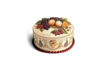 3D Render, Realistic Beautiful Cake Decorated With Fruits. photo