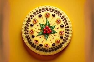 3D Render, Beautiful Chocolate And Berry Cake On Yellow Background. photo