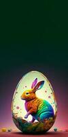 3D Render of Rainbow Rodent Rabbit Character Inside Egg Against Green And Pink Background And Copy Space. Happy Easter Day Concept. photo