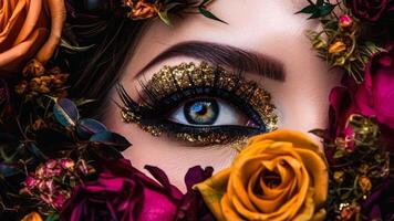 hembra ojo con carnaval maquillaje en flores, feminidad belleza piel cuidado generativo ai foto