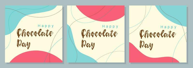 Posters happy world chocolate day, blue and pink background boho style, banners set.