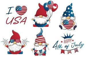 Bundle with cute patriotic leprechauns 4th July independence day. Vector cartoon illustration of festive gnomes with American symbols. Letering congratulatory