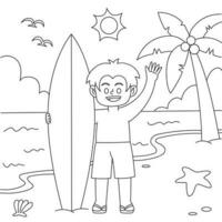 Little boy holding surfboard coloring page vector illustration