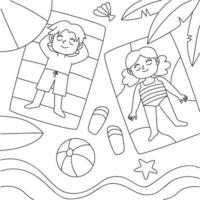 Kids sunbathing at the beach coloring page vector illustration