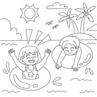 Kids swimming in the beach coloring page vector illustration