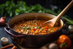 vegetable soup in a bowl and wooden spoon photo
