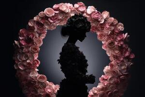 silhouette of feminine woman in pink roses photo