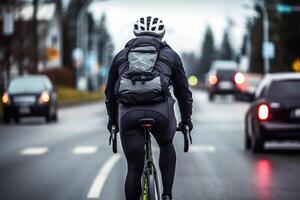 cyclist rides on the road carriageway for cars photo