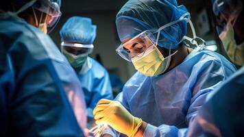 el cirujano realiza un operación en protector ropa generativo ai foto