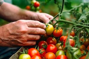 hands gardener picking red tomatoes in the greenhouse photo