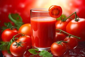 Fresco rojo tomate jugo en un vaso generativo ai foto