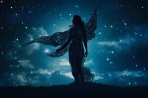 hermosa mujer silueta en noche estrellado cielo generativo ai foto