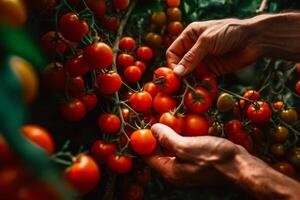 hand picking red cherry tomatoes harvest photo