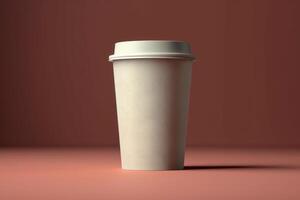 empty paper cup with coffee on brown background, mockup copy space photo