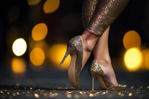hermosa hembra piernas en noche Zapatos con bokeh luces en el antecedentes generativo ai foto