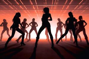 siluetas de un grupo de bailando muchachas en etapa con un rojo ligero en el antecedentes generativo ai foto