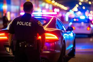 cop and police car, city patrol with red and blue flashing lights photo