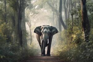 un elefante camina a lo largo un camino en el selva generativo ai foto