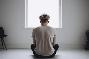 the guy sits by himself in an empty room loneliness photo