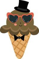 Funny chocolate ice cream cone with heart sunglasses and black hat vector