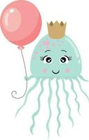 Funny squid with crown holding a balloon vector