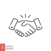 Hand shake icon. Simple outline style. Handshake, partnership, introduction, agreement, business concept. Thin line symbol. Vector illustration isolated on white background. Editable stroke EPS 10.