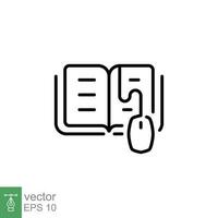 Digital book icon. Simple outline style. Learn, computer, ebook, virtual, mouse connected to a book, education concept. Thin line symbol. Vector illustration isolated on white background. EPS 10.