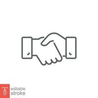 Handshake icon. Simple outline style. Deal, hand shake, agreement, partnership, respect, business concept. Thin line symbol. Vector illustration isolated on white background. Editable stroke EPS 10.