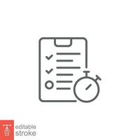 Test icon. Simple outline style. Clipboard, form with list check mark, task, stopwatch, time answer concept. Thin line symbol. Vector illustration isolated on white background. Editable stroke EPS 10.