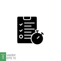 Test icon. Simple solid style. Clipboard, form with list check mark, task, stopwatch, time answer concept. Black silhouette, glyph symbol. Vector illustration isolated on white background. EPS 10.