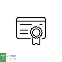 en línea, digital certificado icono. sencillo contorno estilo. licencia, graduado, académico, estampilla, cinta, educación concepto. Delgado línea símbolo. vector ilustración aislado en blanco antecedentes. eps 10