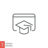 E-learning icon. Simple outline style. Learn, online, digital, graduation cap, distance education concept. Thin line symbol. Vector illustration isolated on white background. Editable stroke EPS 10.