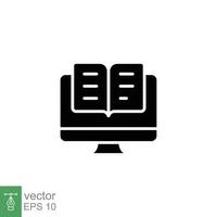 Monitor with open book icon. Simple solid style. Electronic book, digital education, technology concept. Black silhouette, glyph symbol. Vector illustration isolated on white background. EPS 10.
