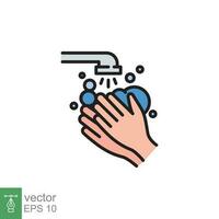 Wash your hands with soap icon. Simple filled outline style. Faucet, clean dirty finger, bathroom, prevention concept. Flat symbol. Vector illustration isolated on white background. EPS 10.