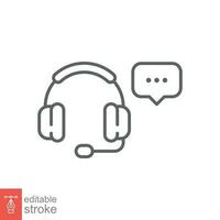 Headset with chat bubble icon. Simple outline style. Headphone, support, call center, customer help concept. Thin line symbol. Vector illustration isolated on white background. Editable stroke EPS 10.