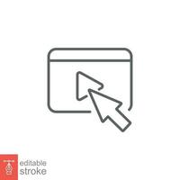 Arrow cursor click play video button icon. Simple outline style. Press, touch, media, online concept. Thin line symbol. Vector illustration isolated on white background. Editable stroke EPS 10.