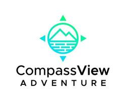 Compass view adventure logo with a circle and mountains in the background. vector