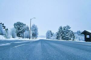 Winter landscape in Scandinavia. With snow covered trees on a road. Landscape photo