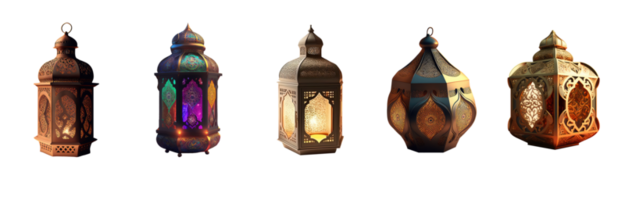 realista dourado árabe lanterna ícone definir. 3d renderizar. png
