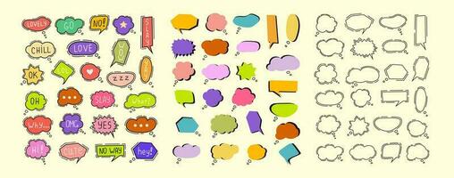 Set of colorful speech bubbles. Hand-drawn chatting clouds. Chatting. Vector illustration.