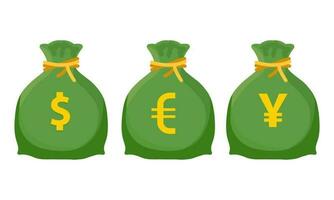 money bag vector set in dollar, euro, yen symbols. vector illustration