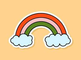 Vector Retro Rainbow with Clouds sticker isolated on yellow background. 70s style cartoon simple weather symbol with white background