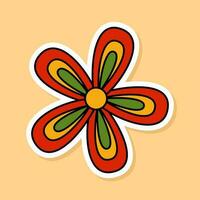 Vector Retro Flower sticker isolated on yellow background. 70s style cartoon rsinbow flower head with white contour