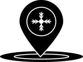 negro y blanco mapa alfiler icono con copo de nieve. vector