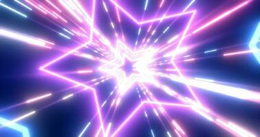 Abstract purple energy futuristic hi-tech tunnel of flying stars and lines neon magic glowing background photo